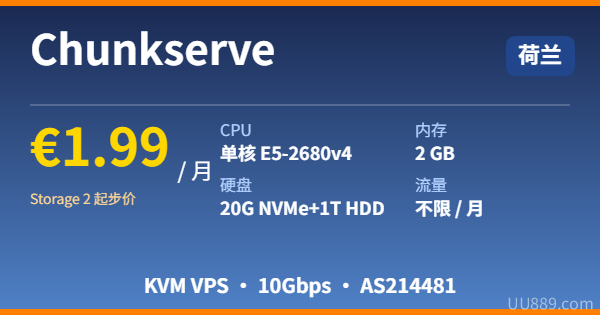 Chunkserve KVM VPS 荷兰 €1.99/月