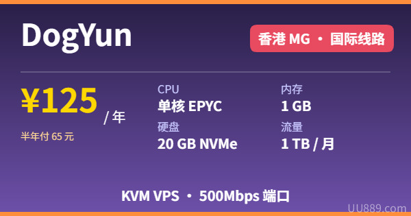 DogYun KVM VPS 香港MG 125元/年